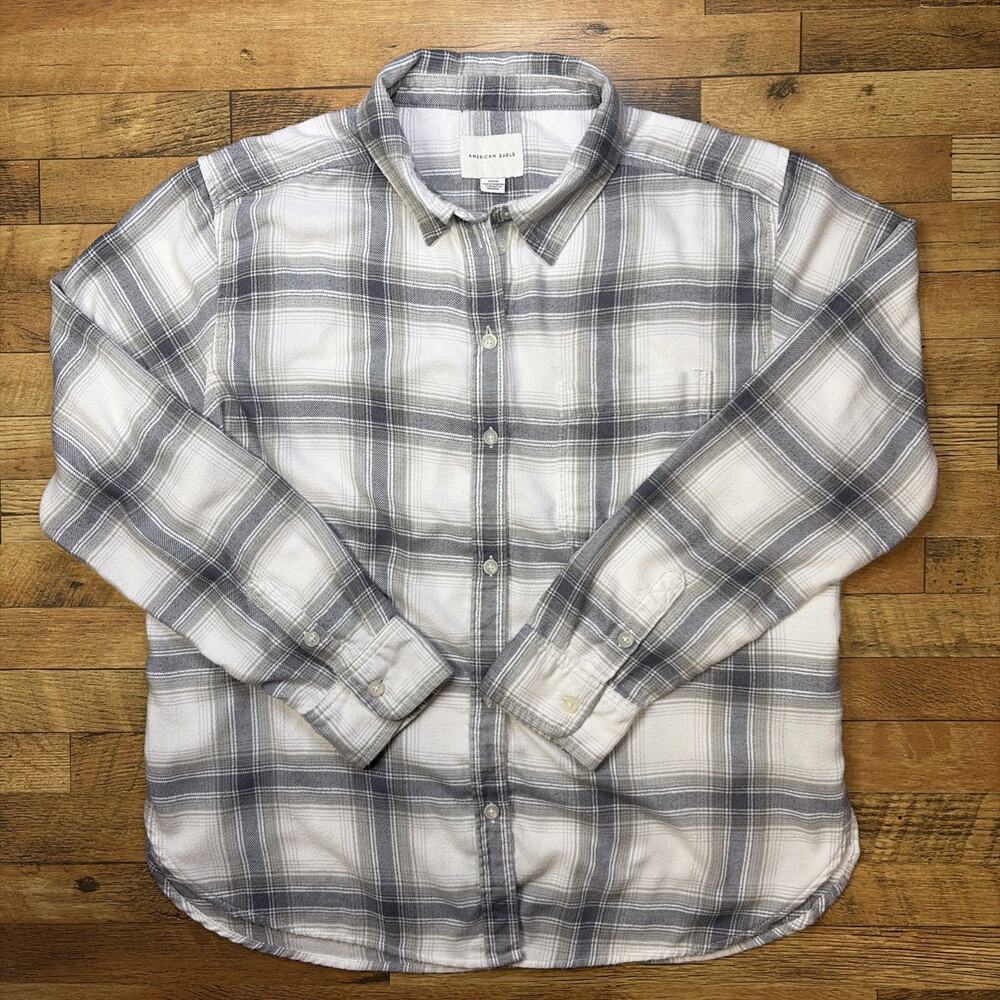 American Eagle Relaxed Fit Flannel Shirt Men’s S Gray Cream Plaid Button Up